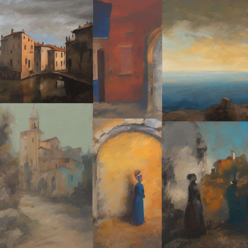 νεκασμένες εικόνες πόλεων και ανθρώπων σε στυλ ζωγραφικής, εστίαση στην τέχνη του σώματος και την καλλιτεχνική έκφραση.