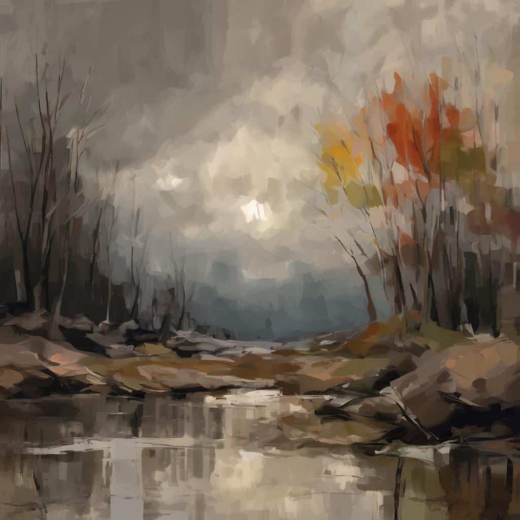 Φαίνεται ένα τοπίο με δέντρα και ποταμό, ζωγραφισμένο με εντυπωσιακό σουρρεαλιστικό στυλ.