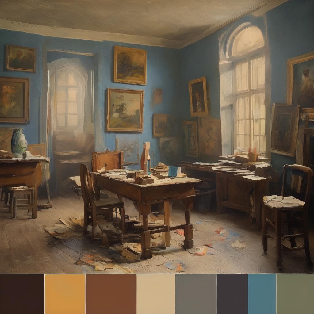 Αποτύπωση σε εσωτερικό χώρο με παλιά έπιπλα και πίνακες ζωγραφικής, ευρηματική τέχνη του σώματος με ήσυχο ambient.